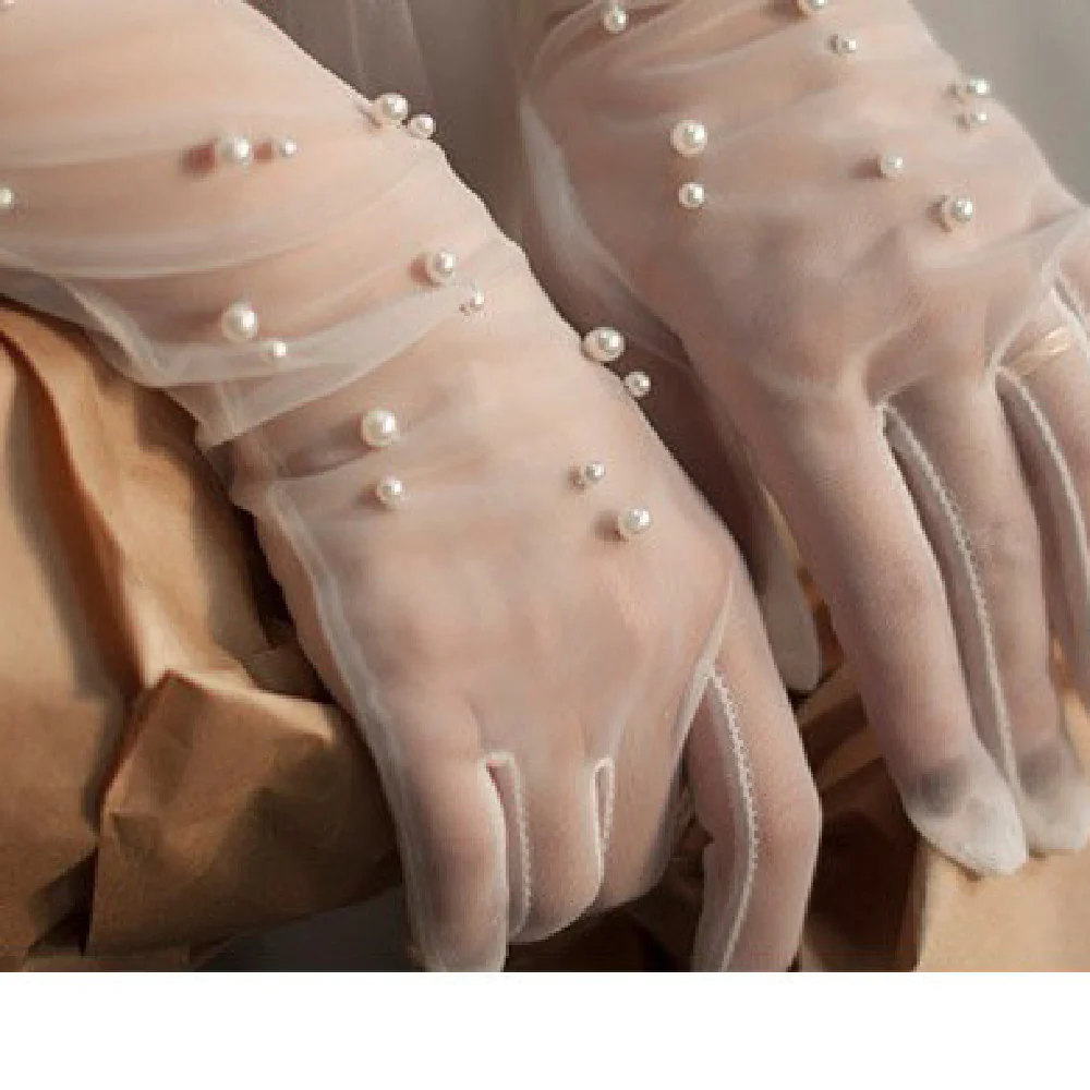 Bridal Wedding Dress Pearl Mesh Gloves White Yarn - Image 5