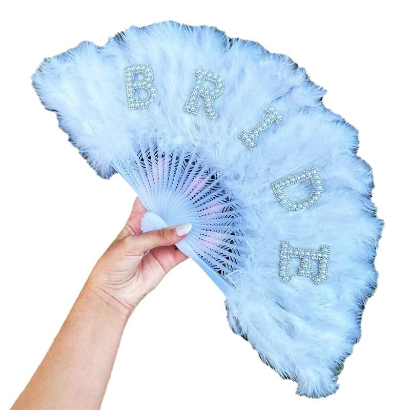 Bride Feather Fan Pearl Bride White Bridal Feather Folding Fan - Image 5