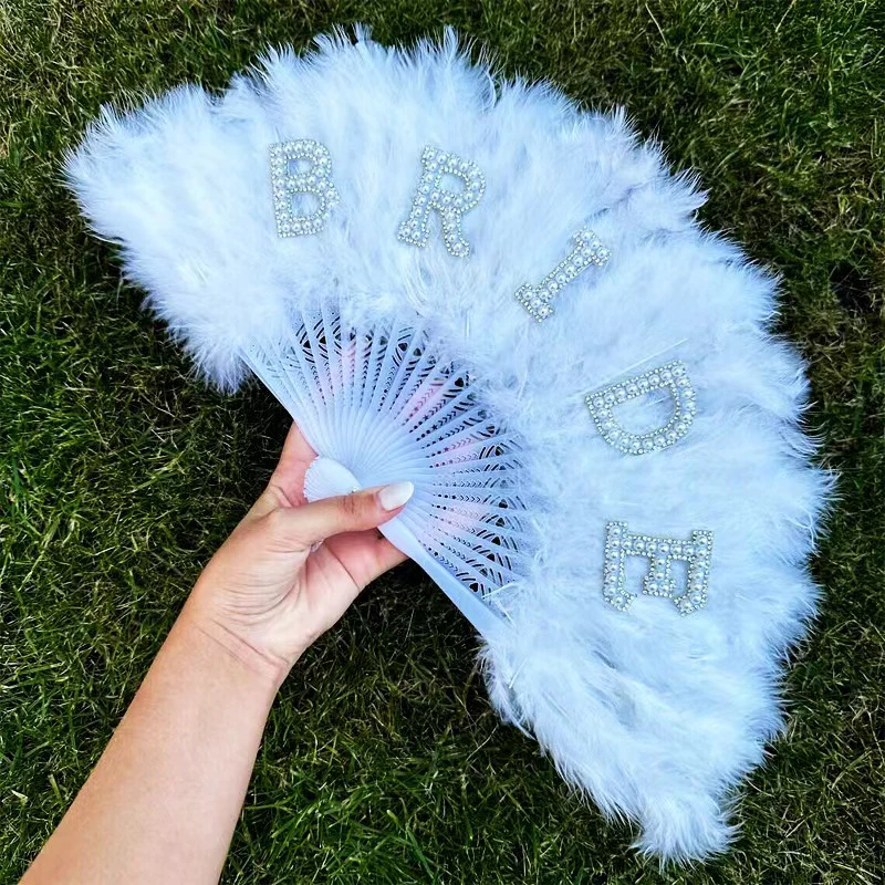 Bride Feather Fan Pearl Bride White Bridal Feather Folding Fan - Image 6