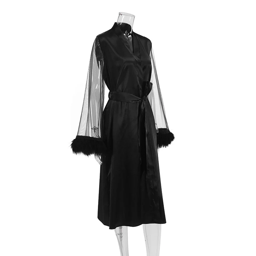 Ladies Fashion Feather Patchwork Mesh Robe - Image 3