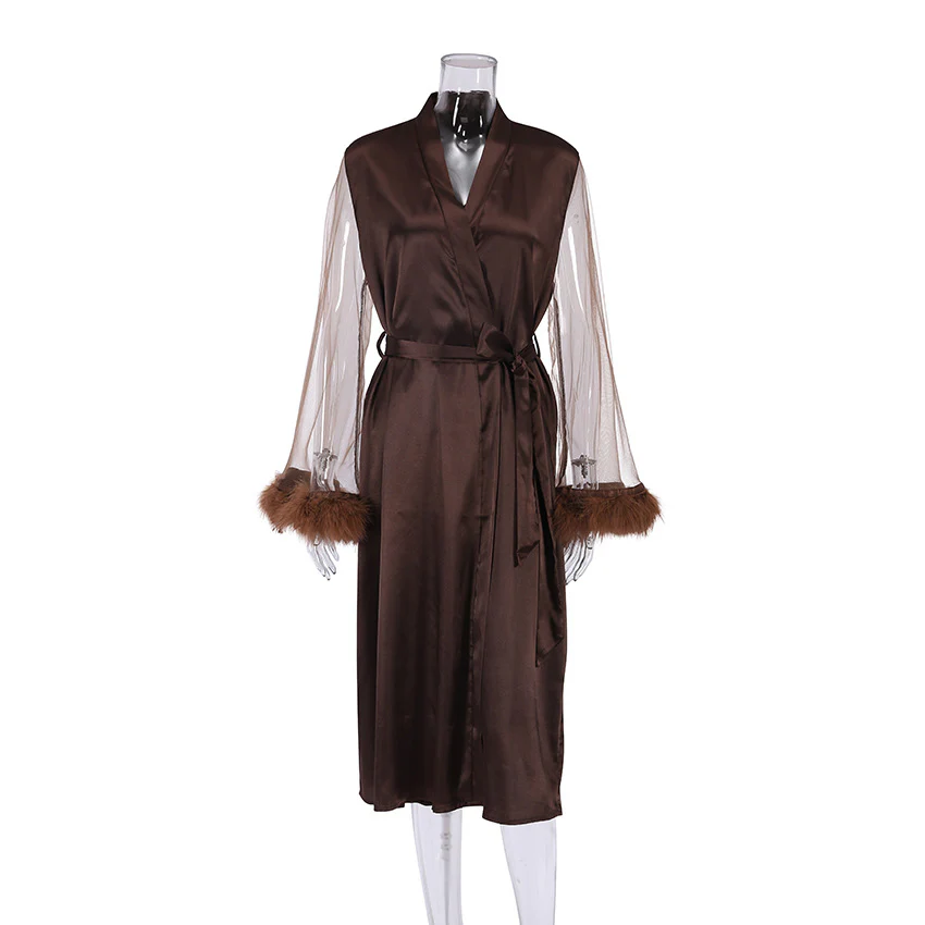 Ladies Fashion Feather Patchwork Mesh Robe - Image 5