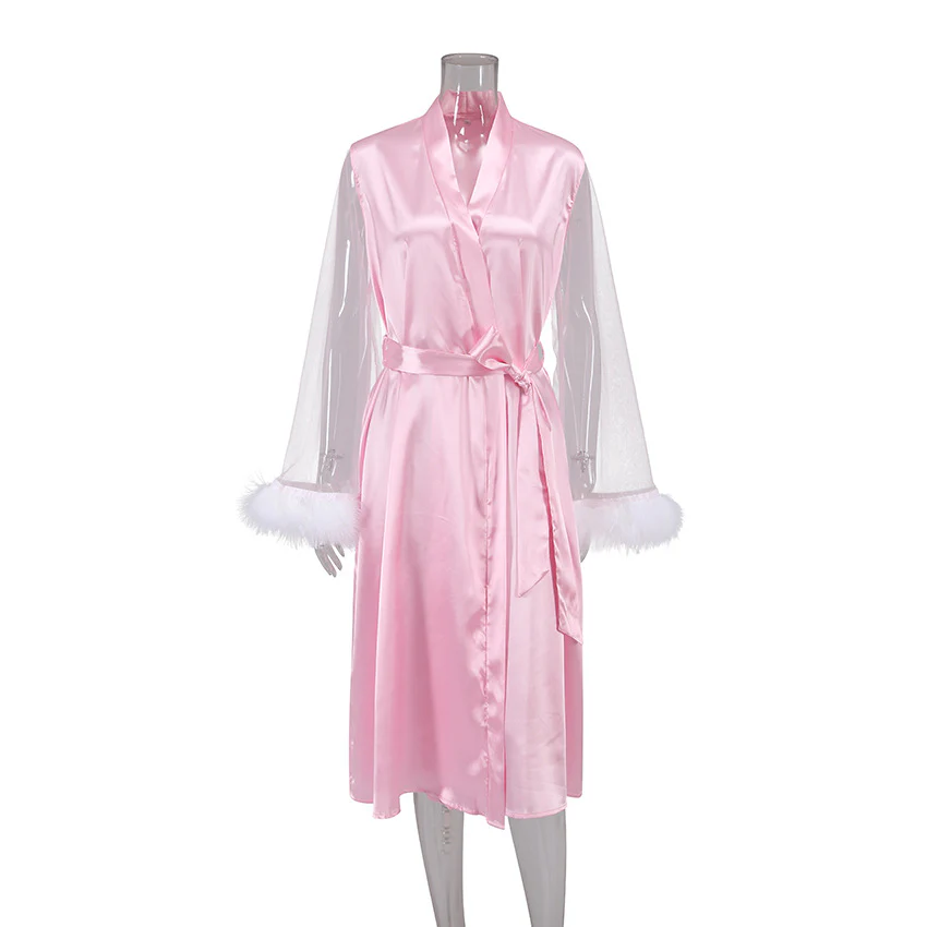 Ladies Fashion Feather Patchwork Mesh Robe - Image 7