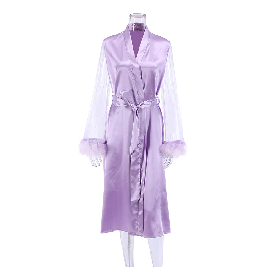 Ladies Fashion Feather Patchwork Mesh Robe - Image 8