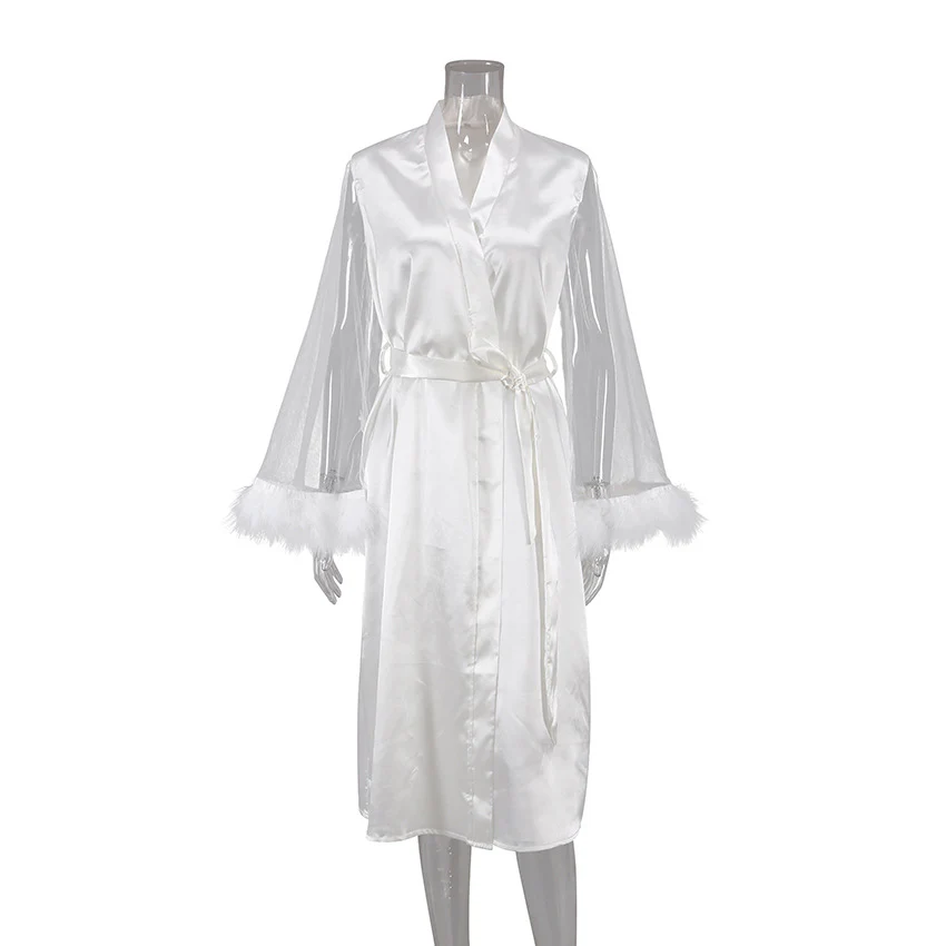 Ladies Fashion Feather Patchwork Mesh Robe - Image 9