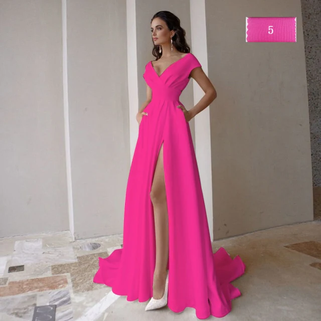 Modern V-Neck Sweep Train Slit A Line Bridal Gown Dress with Pockets - Image 4