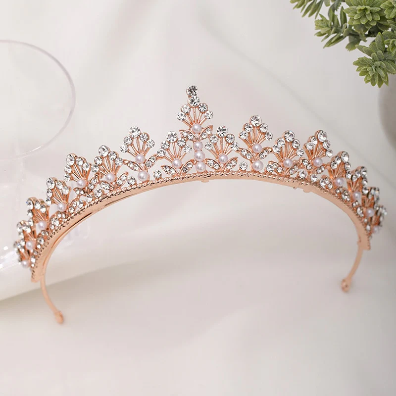 Rose Gold Shining Crystal Pearls Tiara Crown - Image 3
