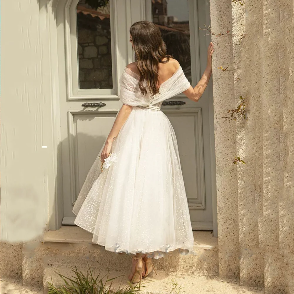 Tea Length Wedding Dress Bling Glitter Tulle Boho Bridal Dress - Image 3