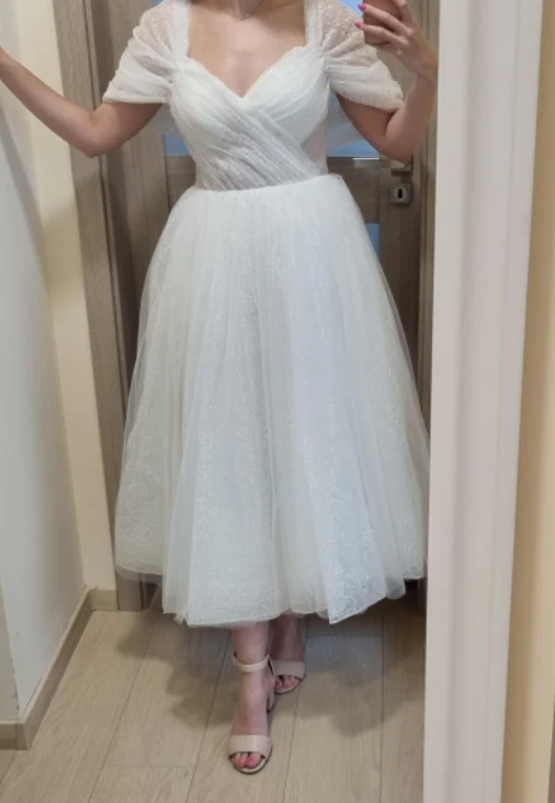 Tea Length Wedding Dress Bling Glitter Tulle Boho Bridal Dress - Image 5