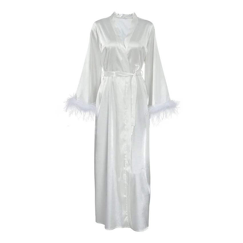 Textured Satin Feather Long-sleeve Nightgown Bathrobe Loungewear - Image 3
