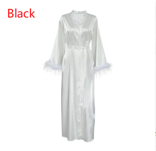 Textured Satin Feather Long-sleeve Nightgown Bathrobe Loungewear - Image 6