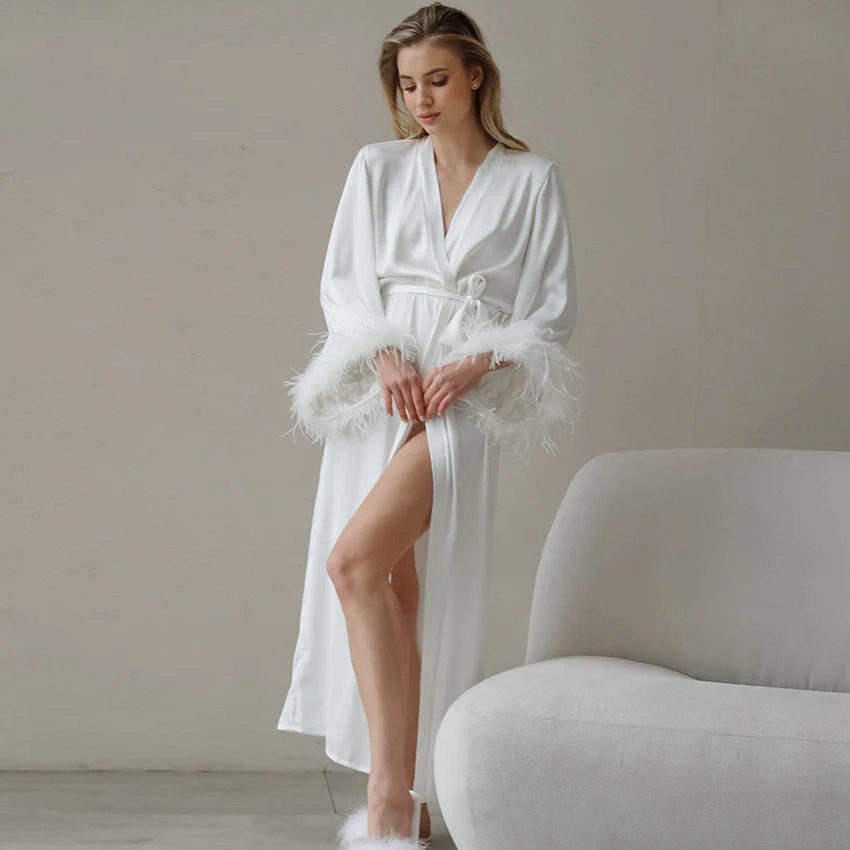 Textured Satin Feather Long-sleeve Nightgown Bathrobe Loungewear - Image 7