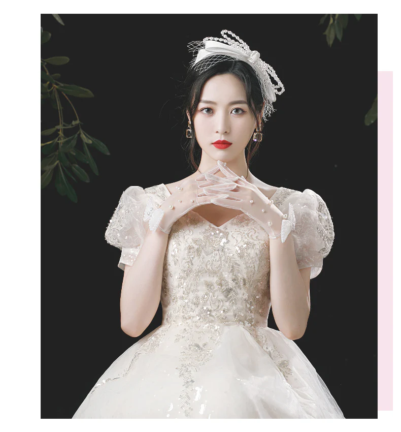 Wedding Gloves Bridal Handmade Pearl White Bow Gloves - Image 4
