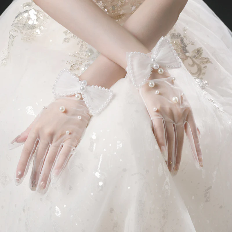 Wedding Gloves Bridal Handmade Pearl White Bow Gloves - Image 6