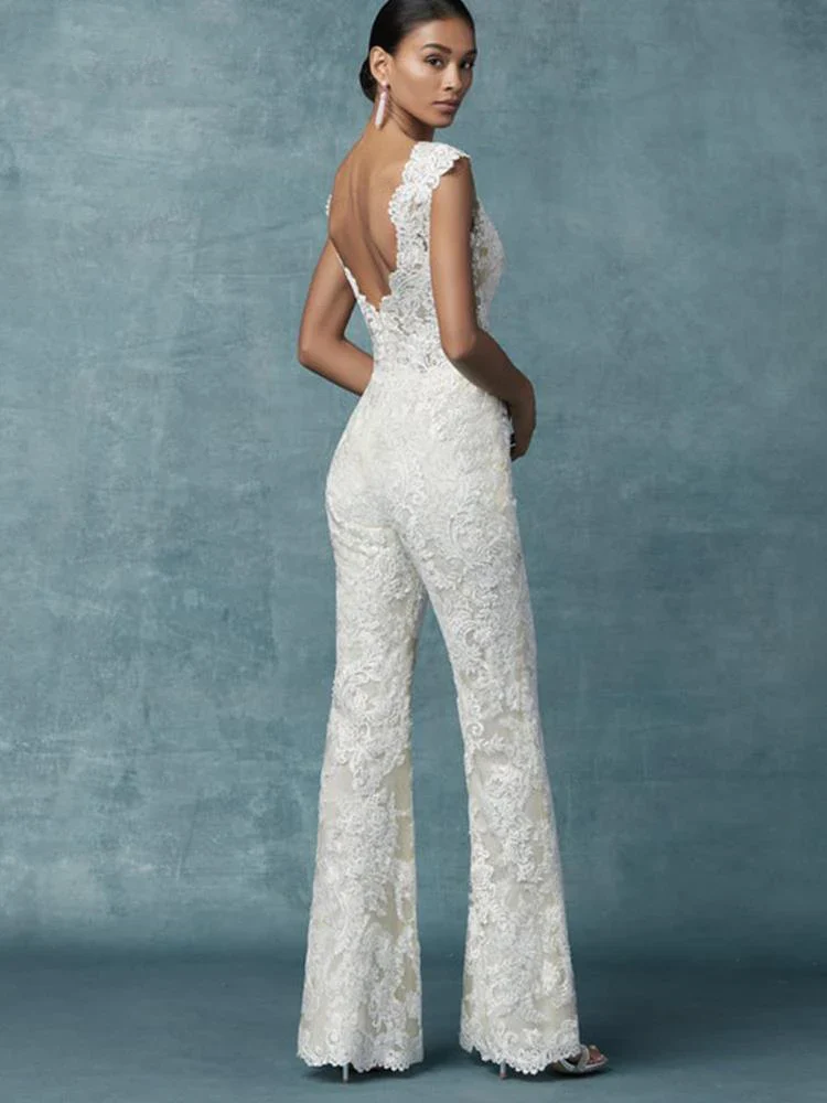 Wedding Jumpsuit With Detachable Train Bridal Pants Suit - Image 5