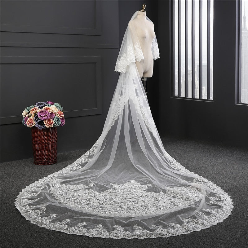 Wedding Veil Cathedral Length Two Layers Lace Edge Bridal Accessory - Image 7