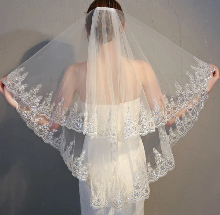 Wedding Veil Elbow Length Crystal Lace Edge Tulle Bridal Accessory - Image 3