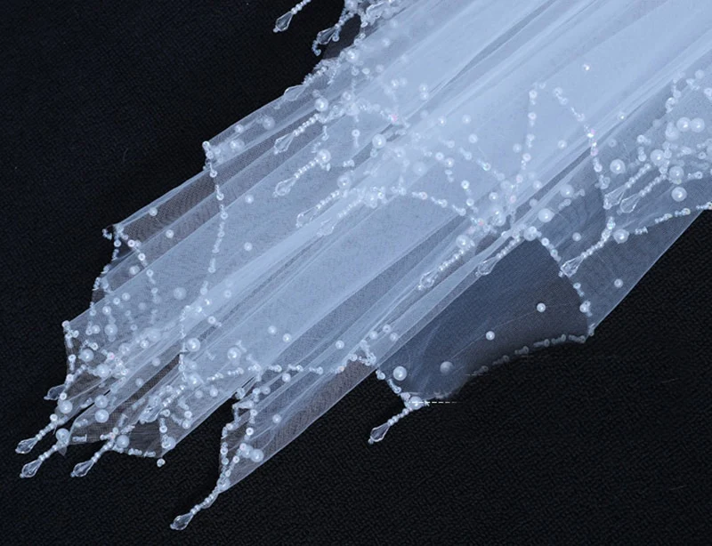 Wedding Veil Elbow Length Crystal Pearls Bead 2 Layer Bridal Accessory - Image 3