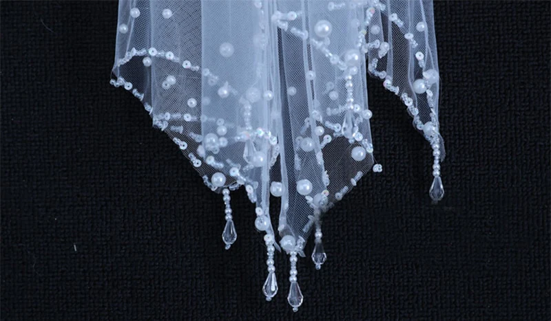 Wedding Veil Elbow Length Crystal Pearls Bead 2 Layer Bridal Accessory - Image 4