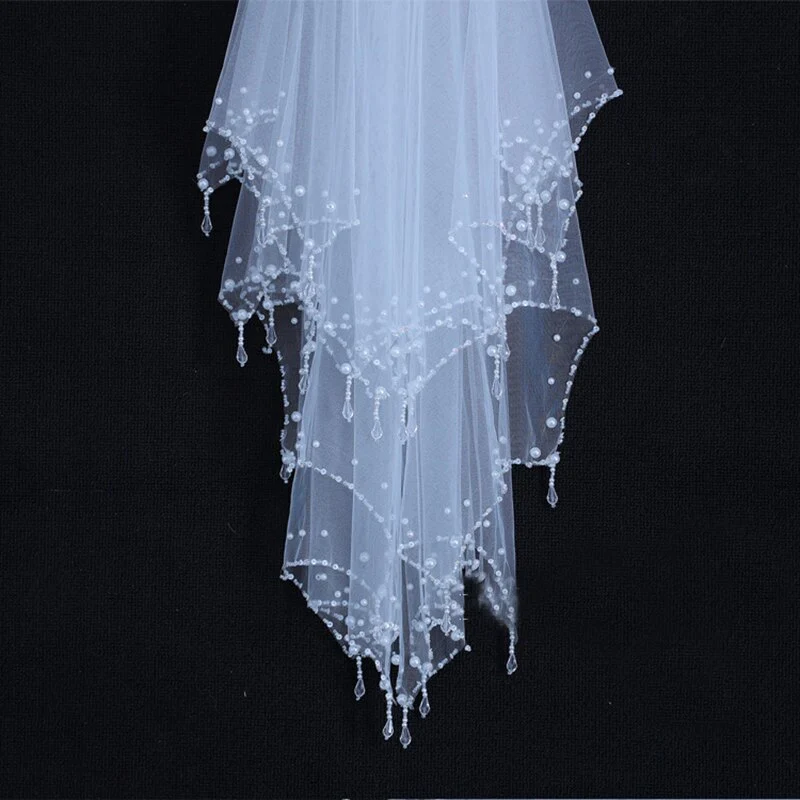 Wedding Veil Elbow Length Crystal Pearls Bead 2 Layer Bridal Accessory - Image 5