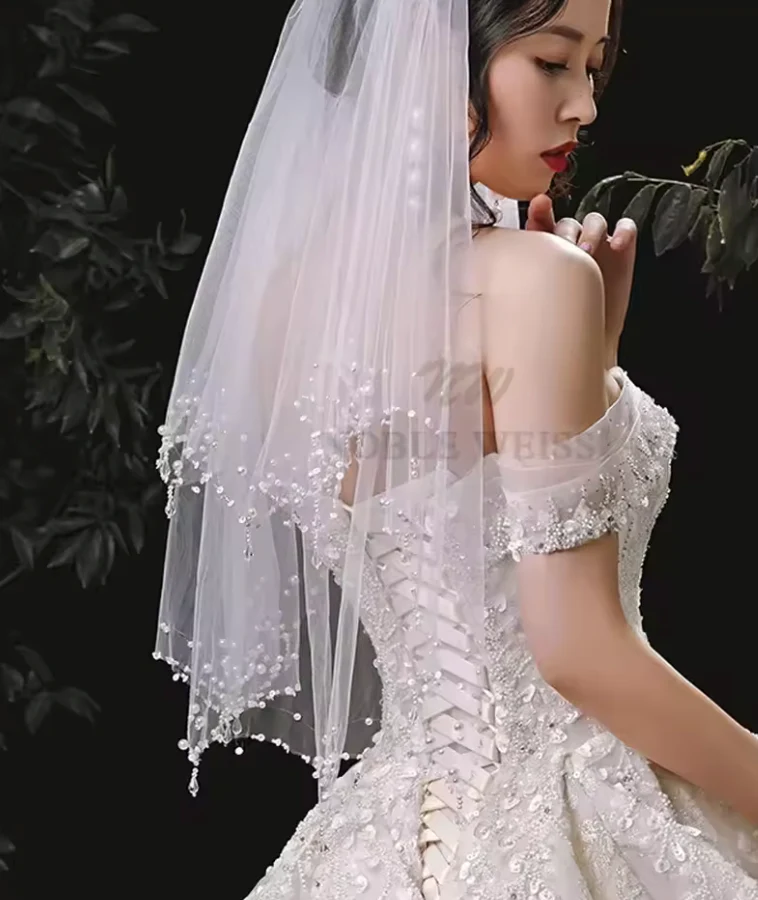 Wedding Veil Elbow Length Crystal Pearls Bead 2 Layer Bridal Accessory - Image 6
