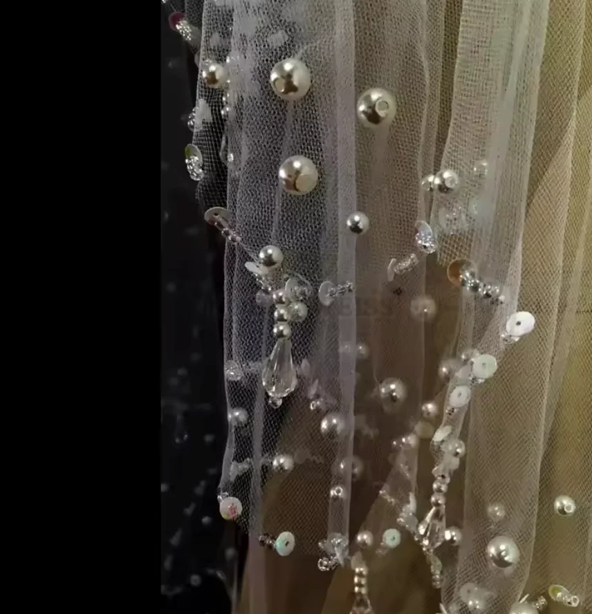 Wedding Veil Elbow Length Crystal Pearls Bead 2 Layer Bridal Accessory - Image 7