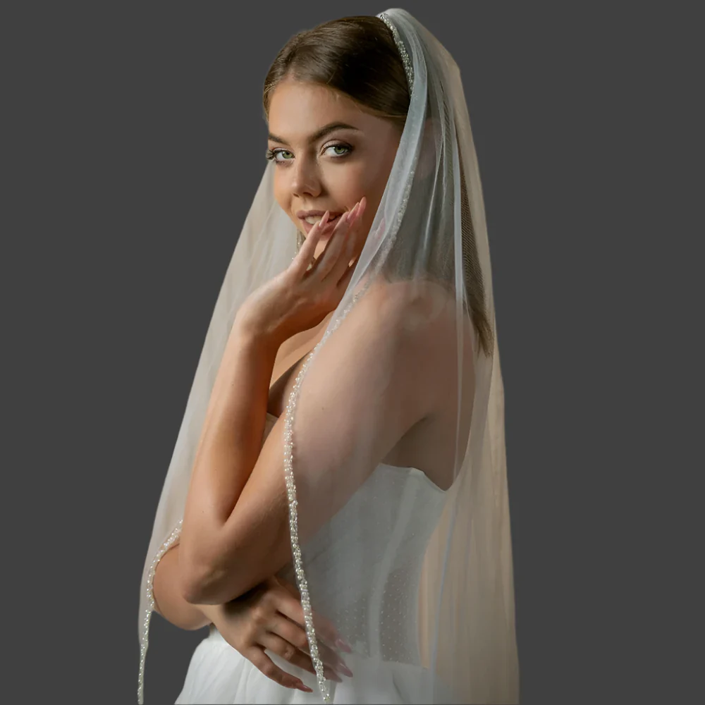 Wedding Veil Pearl Crystals Edge Bridal Accessory Elbow Size - Image 3