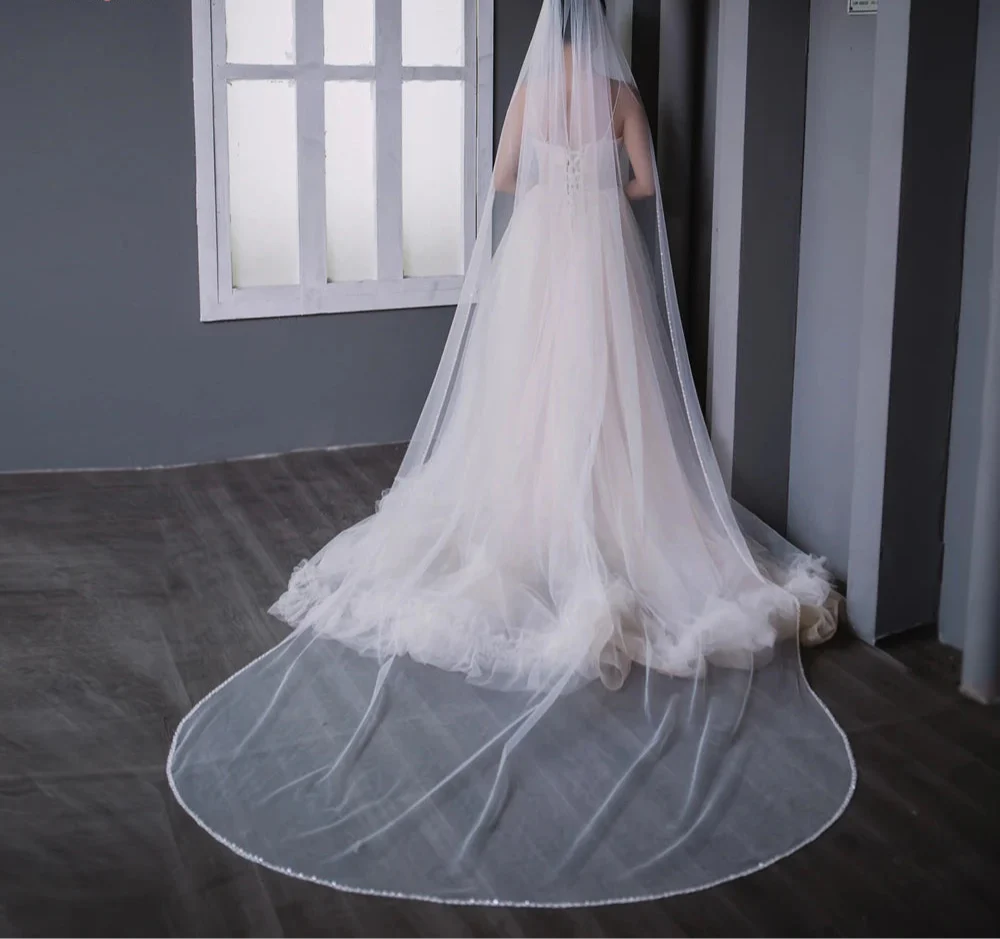 Wedding Veil Pearl Crystals Edge Bridal Accessory Elbow Size - Image 4