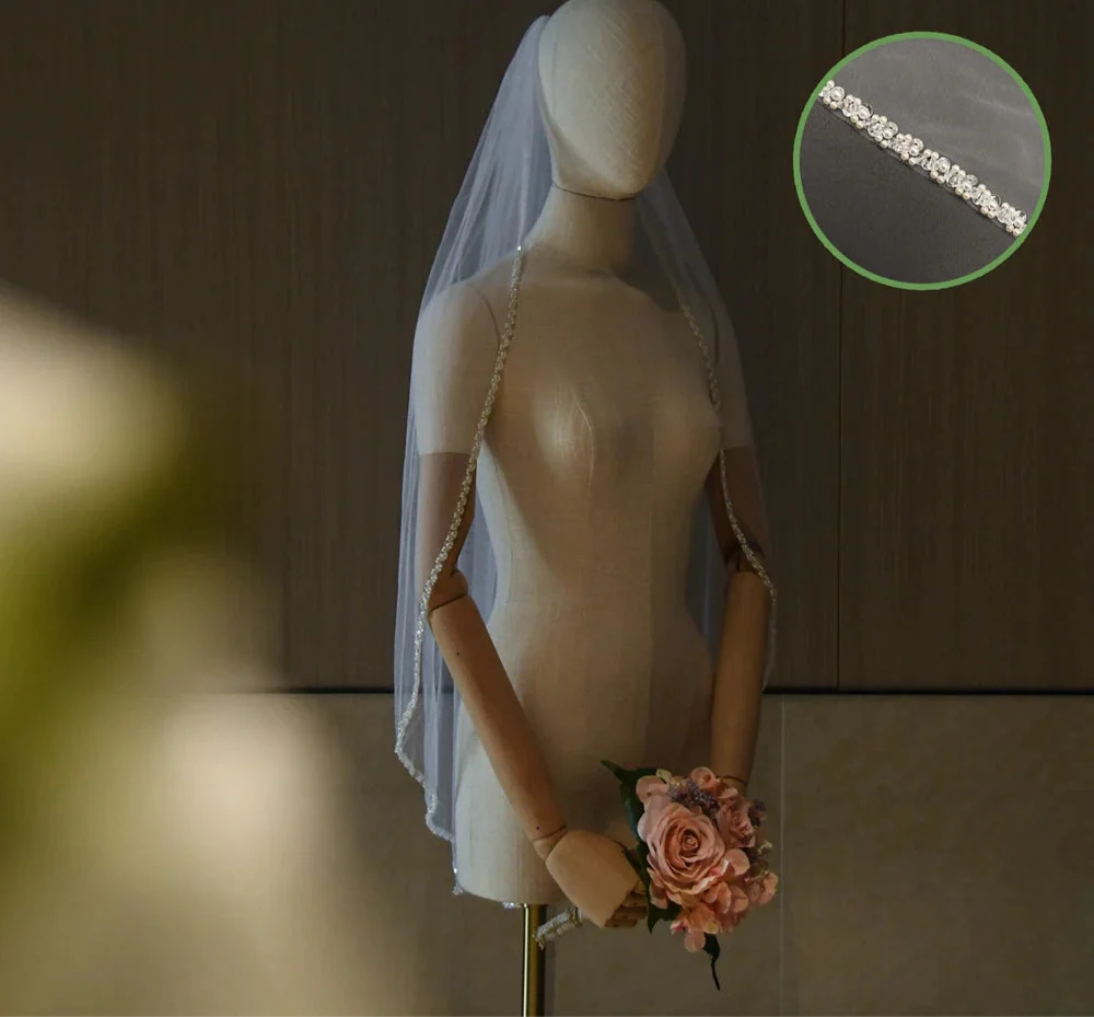 Wedding Veil Pearl Crystals Edge Bridal Accessory Elbow Size - Image 5