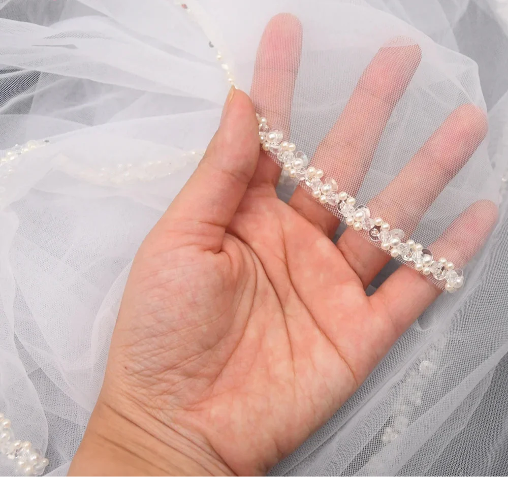 Wedding Veil Pearl Crystals Edge Bridal Accessory Elbow Size - Image 6