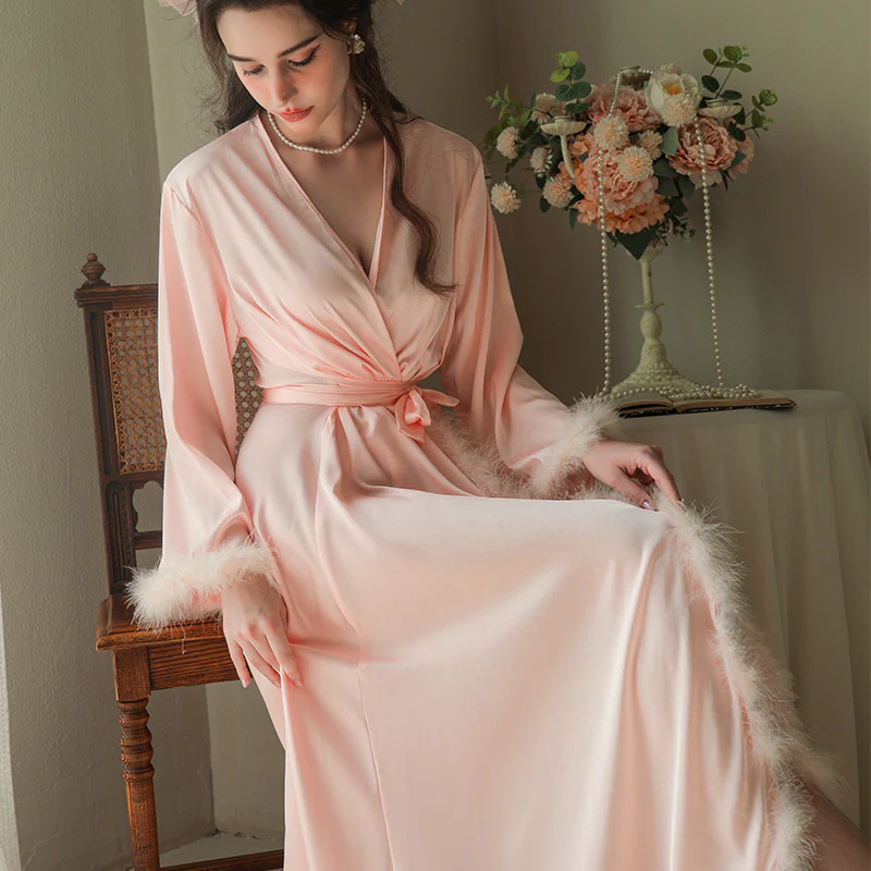 Women's Feather Satin Long Robe - Image 10
