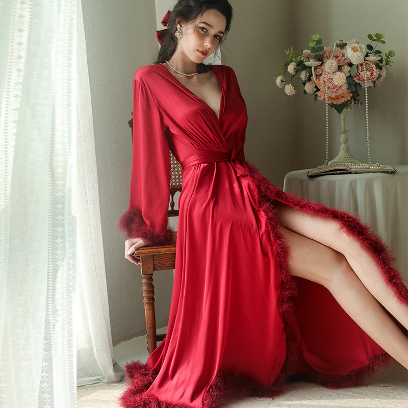 Women's Feather Satin Long Robe - Image 11