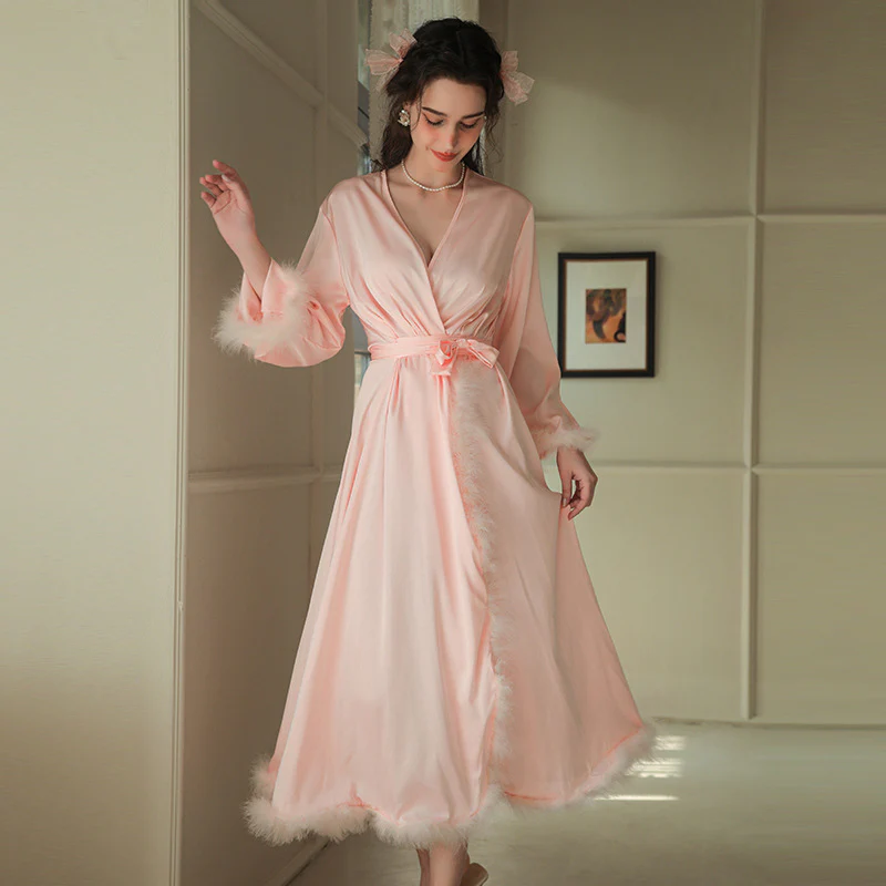 Women's Feather Satin Long Robe - Image 4