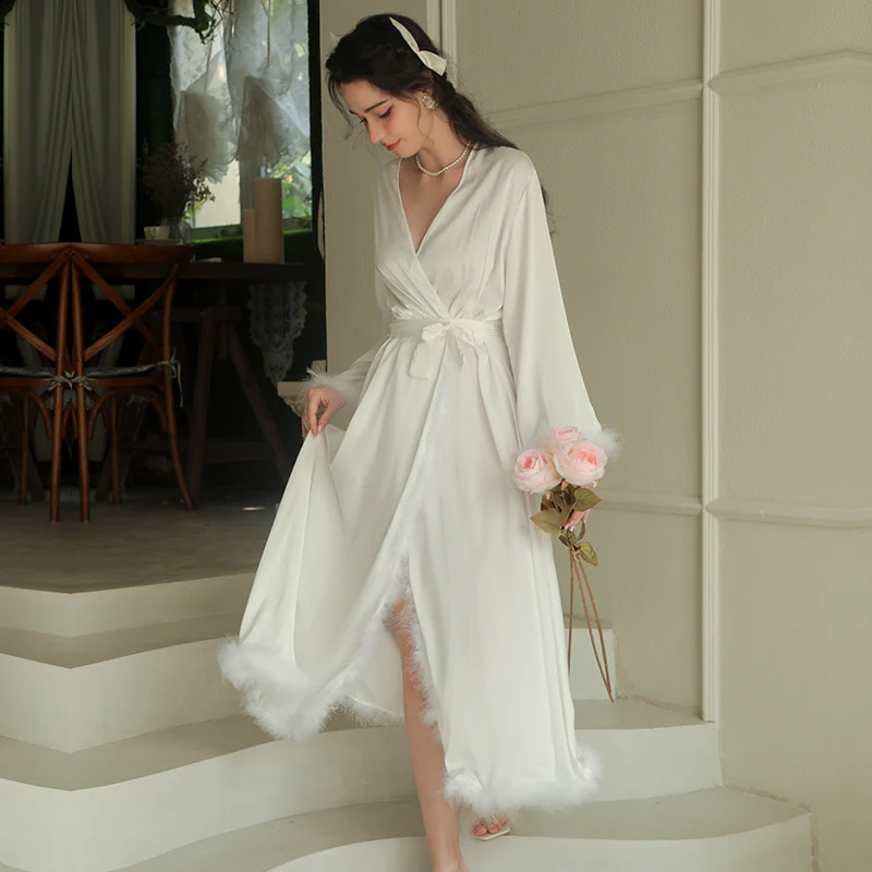 Women's Feather Satin Long Robe - Image 5