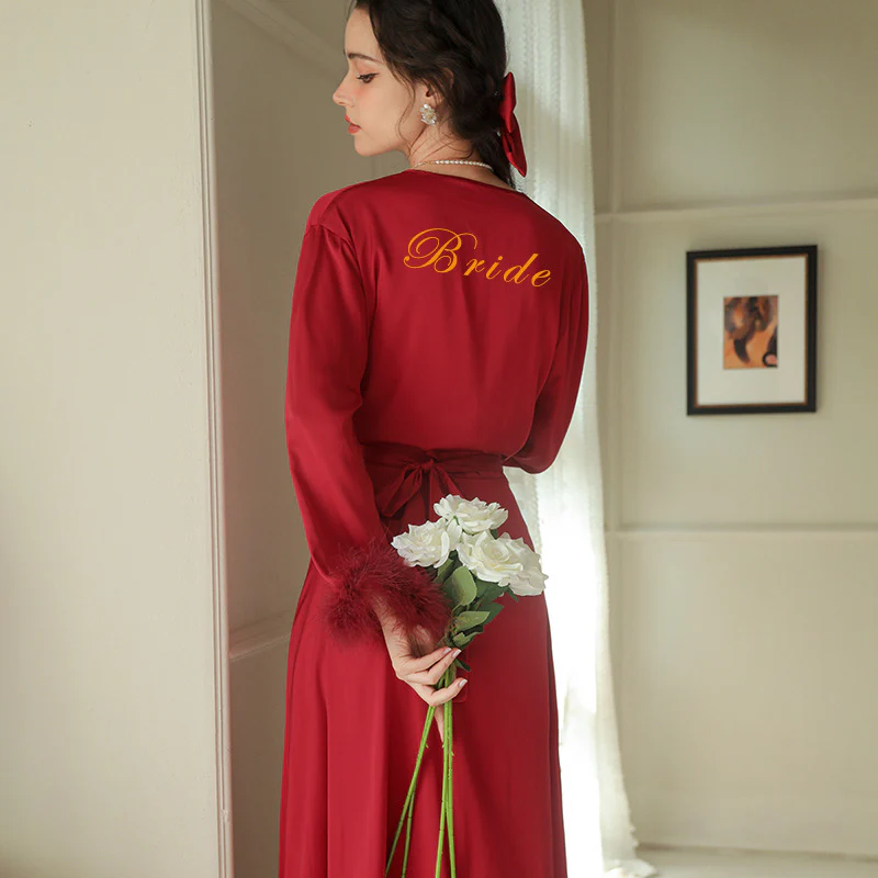 Women's Feather Satin Long Robe - Image 7