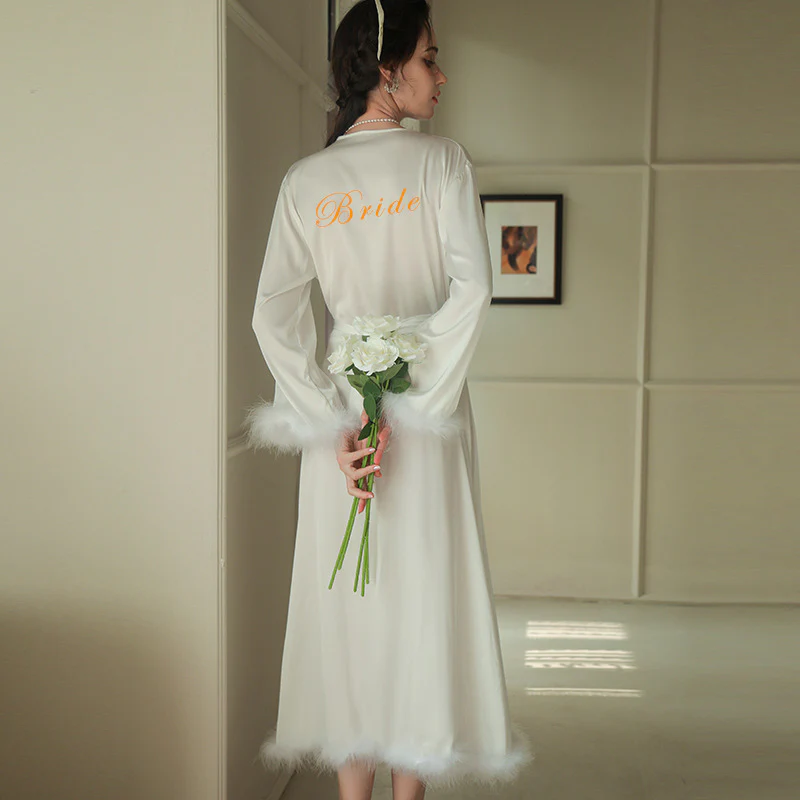 Women's Feather Satin Long Robe - Image 8